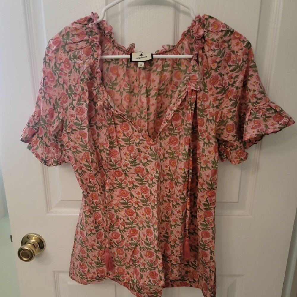 Tuckernuck Pink Floral Tie Neck Cotton Blouse | Flutter Sleeve